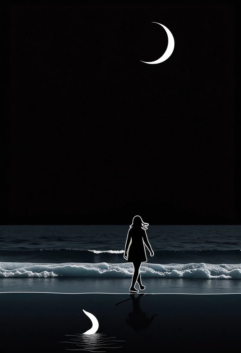 a black background, a horizontal white line, a small silhouette of a girl with a thin white line in profile, calmly walking along the white line. Against the background of the wave, a small silhouette of a whale emerges from it, with the moon above them. Minimalism
