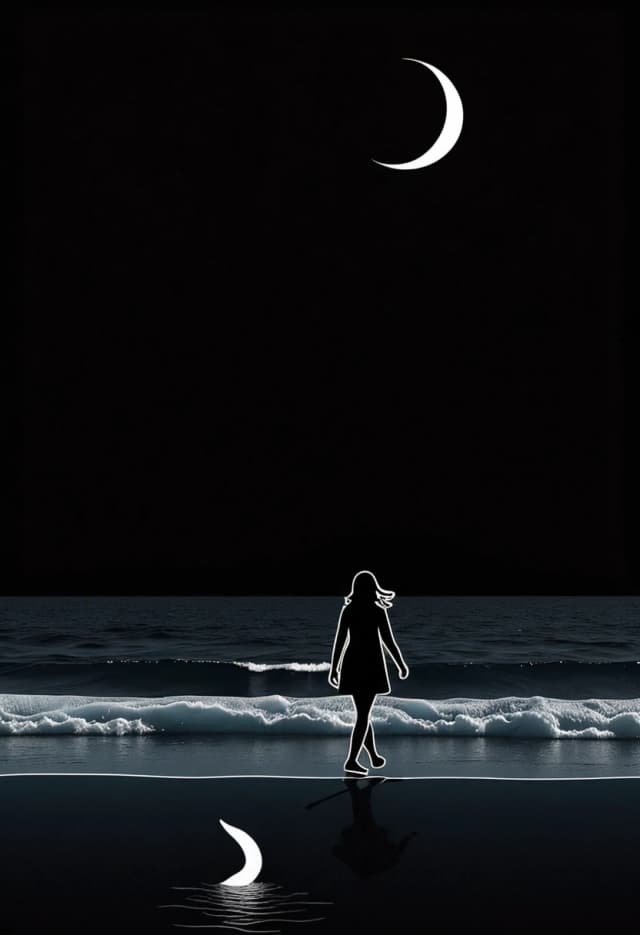 a black background, a horizontal white line, a small silhouette of a girl with a thin white line in profile, calmly walking along the white line. Against the background of the wave, a small silhouette of a whale emerges from it, with the moon above them. Minimalism