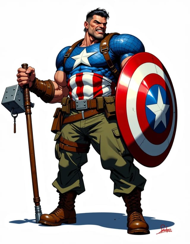 A masterpiece,  in the style of the 1980s, with bold lines, dynamic strokes and rich textures, on background with a touch of nostalgia, perhaps with subtle drawings inspired by cellulose and vintage, worn textures similar to paper, oil painting, Full-body exaggerated caricature of a muscular patriotic soldier hero standing in a wide power pose, three-quarter front view with a slight low angle, gripping a large ornate war hammer in his right hand and a glossy round star-spangled shield in his left. He wears blue scale-mail with a white star and red-and-white striped torso, olive-green cargo pants, heavy brown combat boots, leather wrist wraps, multiple pouches and belts, and a rolled green backpack. Angry snarl, furrowed brows, exaggerated jawline, short dark hair, intense eyes. Highly detailed digital painting combining crisp comic-caricature linework with painterly rendering, rich saturated colors, strong rim and key lighting, glossy metal highlights on shield and hammer, realistic fabric and leather textures, subtle dirt and battle wear, soft grounded shadow on a clean white background, cinematic contrast, ultra-detailed, polished, dynamic and expressive.