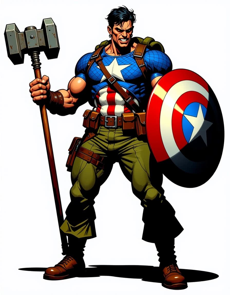 A masterpiece,  in the style of the 1980s, with bold lines, dynamic strokes and rich textures, on background with a touch of nostalgia, perhaps with subtle drawings inspired by cellulose and vintage, worn textures similar to paper, oil painting, Full-body exaggerated caricature of a muscular patriotic soldier hero standing in a wide power pose, three-quarter front view with a slight low angle, gripping a large ornate war hammer in his right hand and a glossy round star-spangled shield in his left. He wears blue scale-mail with a white star and red-and-white striped torso, olive-green cargo pants, heavy brown combat boots, leather wrist wraps, multiple pouches and belts, and a rolled green backpack. Angry snarl, furrowed brows, exaggerated jawline, short dark hair, intense eyes. Highly detailed digital painting combining crisp comic-caricature linework with painterly rendering, rich saturated colors, strong rim and key lighting, glossy metal highlights on shield and hammer, realistic fabric and leather textures, subtle dirt and battle wear, soft grounded shadow on a clean white background, cinematic contrast, ultra-detailed, polished, dynamic and expressive.