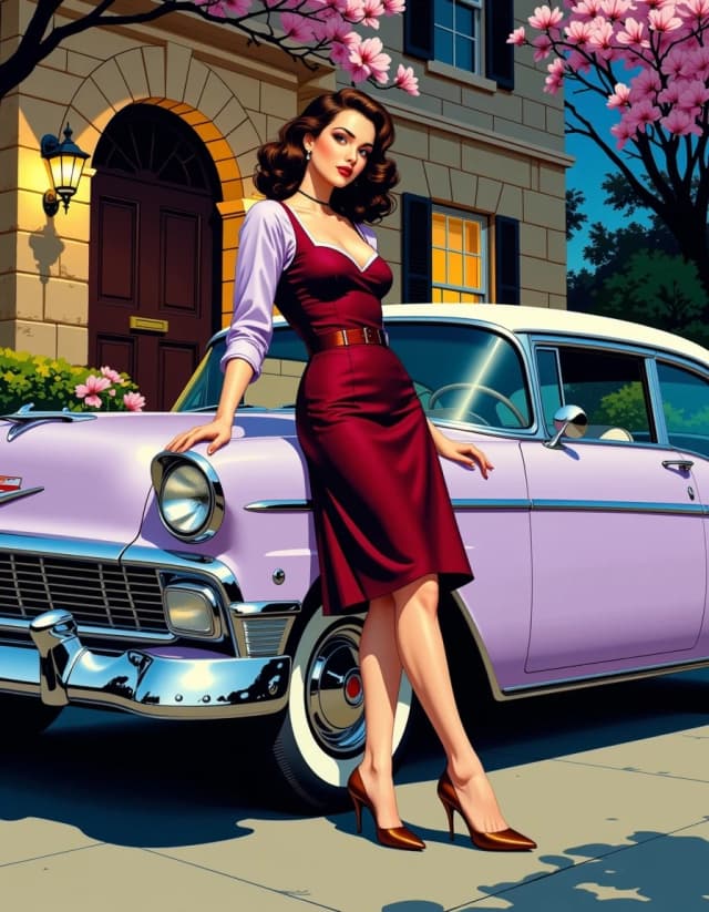 A masterpiece,  in the style of the 1980s, with bold lines, dynamic strokes and rich textures, on background with a touch of nostalgia, perhaps with subtle drawings inspired by cellulose and vintage, worn textures similar to paper, oil painting, 1950s retro glamour scene at night: a poised woman in a fitted knee-length maroon cocktail dress with pale lavender scoop neckline and cuffs, classic wavy shoulder-length hair, red lipstick and subtle vintage makeup, standing beside a pastel lavender two-tone classic car with chrome trim and whitewall tires, hand resting on the hood, elegant bronze heels, delicate bracelet on wrist. Background: stone-faced suburban house with warm lanterns by the arched doorway, lush flowering beds of pink and white blooms, overhanging magnolia branches, soft ground fog hugging the pavement. Cinematic lighting with warm key from house lanterns, cool rim light accentuating chrome reflections, glossy paint highlights, dramatic soft shadows, rich saturated pastel and jewel tones, ultra-detailed photorealism, medium-wide full-body composition, shallow depth of field, fine film grain, high resolution, realistic textures, natural skin tones, polished vintage atmosphere.