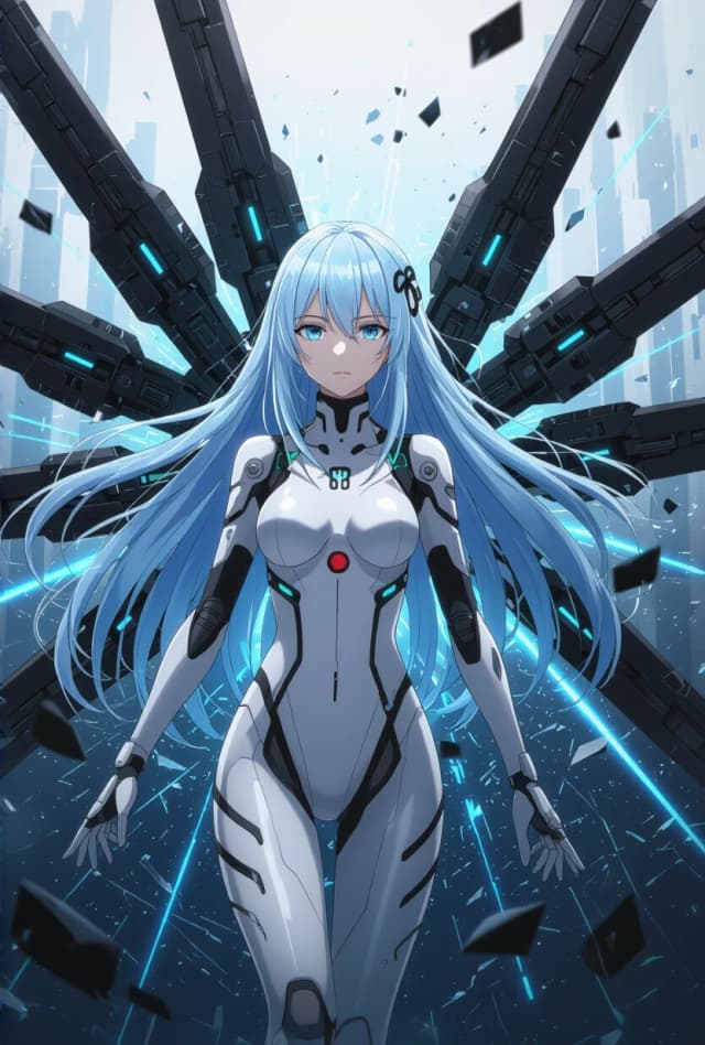 (lacia beatless:1.4), beatless, 1girl, solo, android, long straight hair, loose hair, hair down, long hair flowing, (ice blue hair, light silver-blue hair:1.2), blunt bangs, black hair ornaments on sides of head, (dark blue eyes, indigo eyes:1.2), expressionless, wearing futuristic white and black hIE bodysuit, surrounded by floating huge black mechanical weapon parts Black Monolith, shattered glass shards flying in air, glowing blue cyber lines, laser grids, abstract futuristic background, dynamic debris, cinematic sharp contrast, lens flare, masterpiece, high quality anime, digital art, illustration by redjuice, smartphone wallpaper