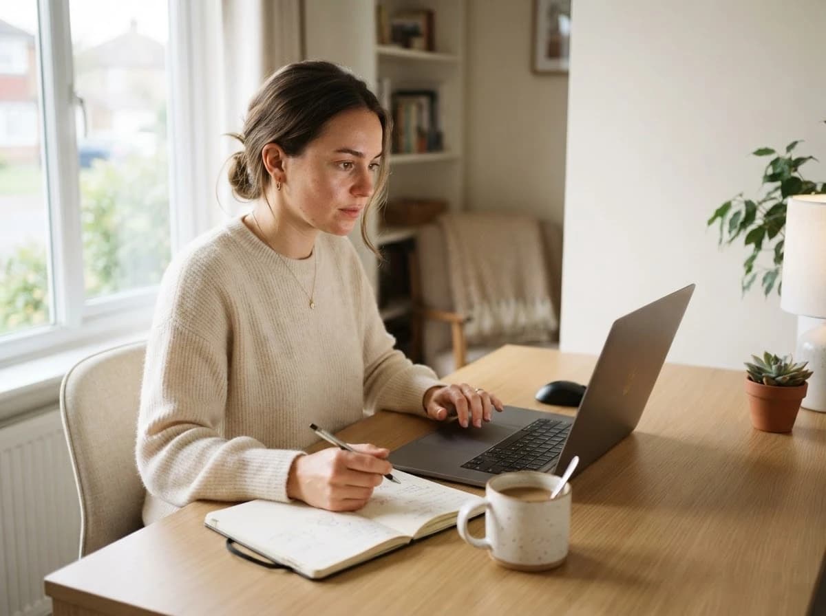 Photorealistic commercial stock photograph of a young professional woman working remotely in a bright minimalist home office, sitting at a laptop beside a notebook and coffee cup, natural window light, authentic focused expression, realistic skin texture, subtle natural imperfections, tidy but lived-in interior, soft neutral color palette, ample copy space on the right, candid lifestyle photography, full-frame camera, 35mm lens, sharp eyes, natural depth of field, high resolution, no logos, no readable text, no watermark --ar 3:2 --style raw --s 50 --v 6.1