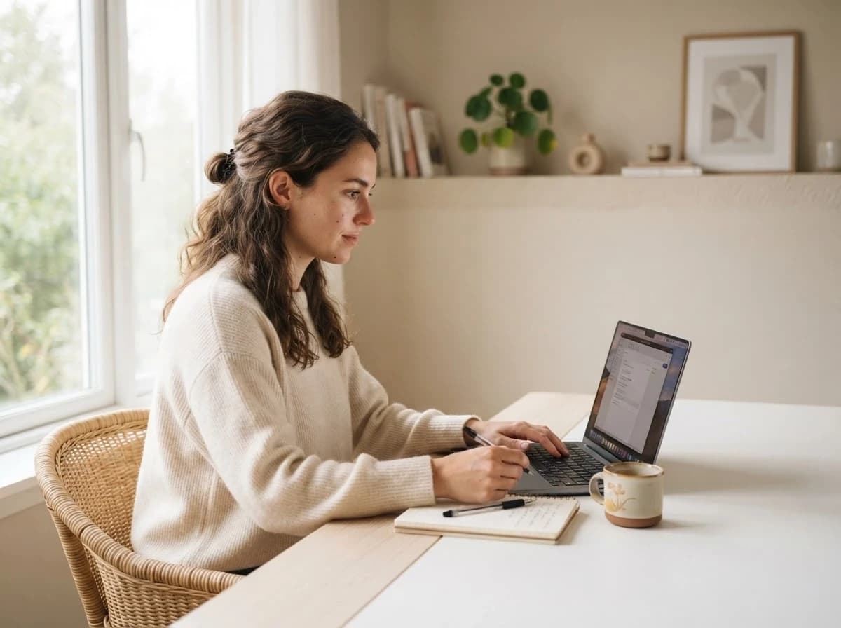 Photorealistic commercial stock photograph of a young professional woman working remotely in a bright minimalist home office, sitting at a laptop beside a notebook and coffee cup, natural window light, authentic focused expression, realistic skin texture, subtle natural imperfections, tidy but lived-in interior, soft neutral color palette, ample copy space on the right, candid lifestyle photography, full-frame camera, 35mm lens, sharp eyes, natural depth of field, high resolution, no logos, no readable text, no watermark --ar 3:2 --style raw --s 50 --v 6.1