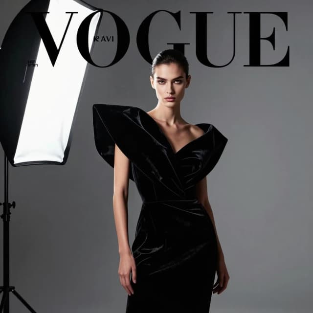 Prompt:
A professional high-fashion magazine cover shot, 8k RAW. A stunning model with sharp facial features posing in a dynamic, angular silhouette. She is wearing an avant-garde architectural black velvet dress with oversized shoulders. Background is a seamless professional studio grey cyclorama. Lighting: a large softbox from the side creating a dramatic chiaroscuro effect, highlighting the texture of the fabric and the glow of the skin. The composition is centered with strategic negative space at the top for the magazine masthead. In the blurred edges of the frame, professional studio equipment like a C-stand and a silver reflector are slightly visible, adding a «behind the scenes» authenticity. Shot on Hasselblad H6D, 85mm lens, f/8, extremely sharp focus on the eyes, pore-level skin detail, vogue aesthetic.