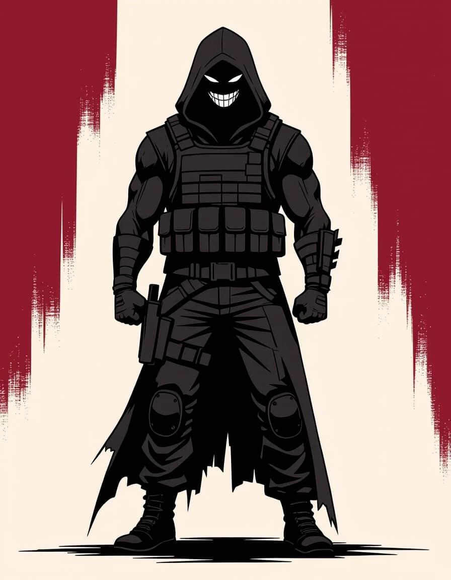 Graphic comic book art, flat colors, bold outlines. A solid black silhouette of a tall, broad-shouldered hooded man in a tactical vest, standing against a solid blood-burgundy background. The silhouette is pure, flat black. The only features are the angular eye slits and the outline of a wide, mocking grin, both rendered in the same solid blood-burgundy color as the background. High contrast, minimalist, 2-color palette. No gradients, no shading, no grey, no details inside the silhouette.