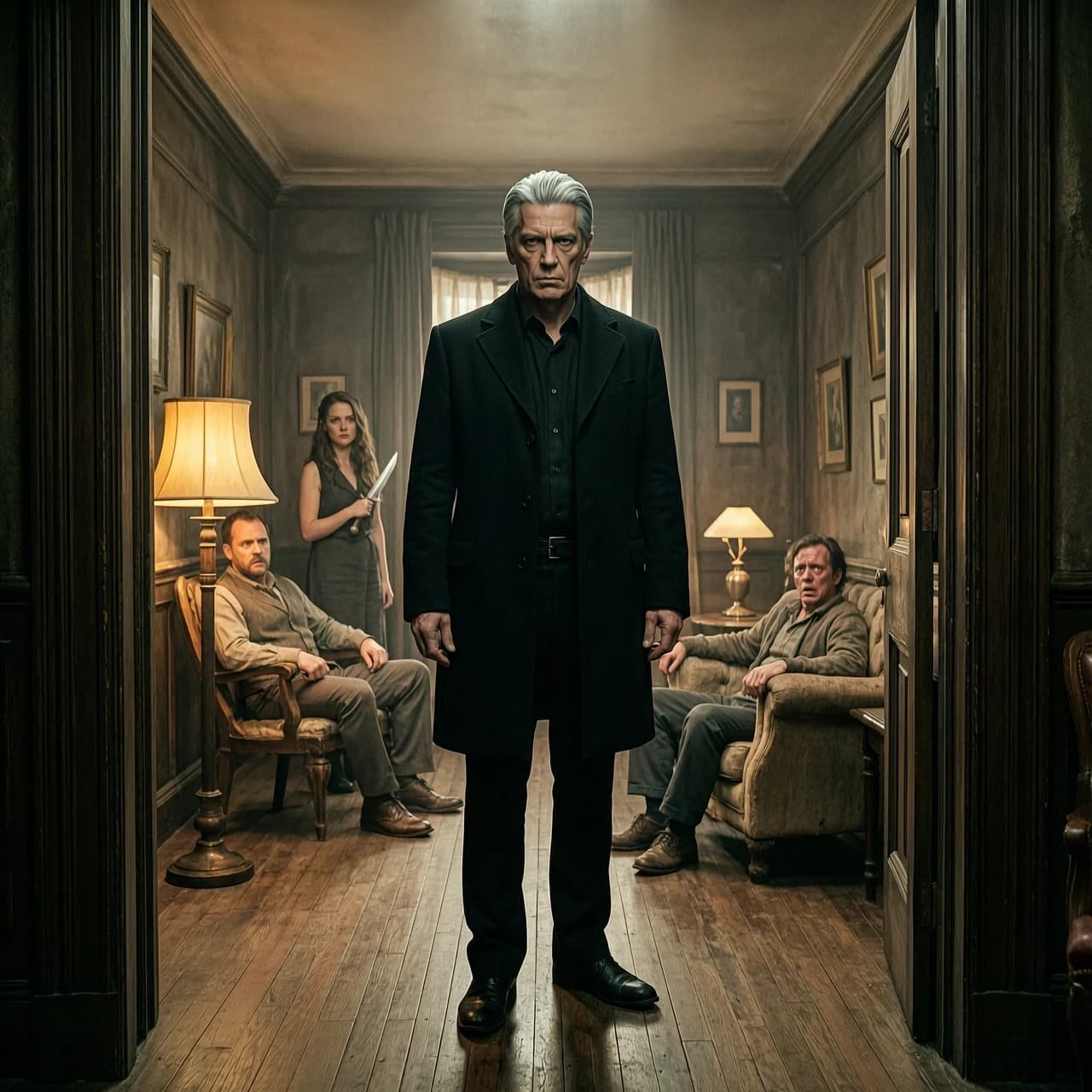 Wide-angle cinematic shot inside a dimly-lit bar room. In the doorway, a tall man with silver hair and a black coat fills the frame — his presence dominates the space, making the room feel smaller. His face is partially in shadow, expression cold and assessing. Around the room, characters react subtly: a woman with a dagger, a man in a chair, a frightened man on the couch. The lighting is low, with a single warm lamp creating long, dramatic shadows. Mood: tension, inevitability, power imbalance. Film grain, 8k, hyper-detailed textures, volumetric light. Style: Guillermo del Toro meets noir detective, heavy atmosphere.»