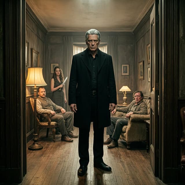 Wide-angle cinematic shot inside a dimly-lit bar room. In the doorway, a tall man with silver hair and a black coat fills the frame — his presence dominates the space, making the room feel smaller. His face is partially in shadow, expression cold and assessing. Around the room, characters react subtly: a woman with a dagger, a man in a chair, a frightened man on the couch. The lighting is low, with a single warm lamp creating long, dramatic shadows. Mood: tension, inevitability, power imbalance. Film grain, 8k, hyper-detailed textures, volumetric light. Style: Guillermo del Toro meets noir detective, heavy atmosphere.»