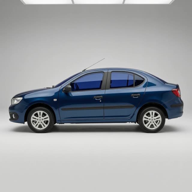 Renault Logan 1 sedan, deep blue metallic paint, dark blue tinted windows, studio lighting, side view, clean background, photorealistic, high detail