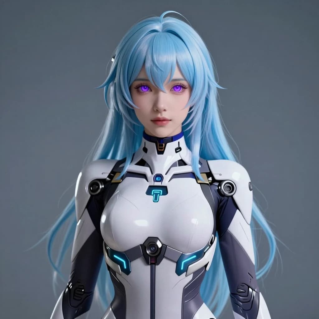 Cyberpunk smartphone wallpaper, 8k resolution. A beautiful female android with long pastel blue hair and violet eyes. Serene and elegant expression. She is wearing a high-tech white and dark grey sci-fi body suit with subtle glowing blue circuits. Futuristic clean aesthetic, soft dramatic studio lighting, depth of field, photorealistic anime style, hyper-detailed