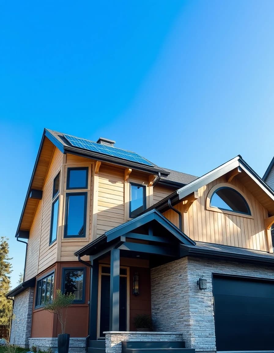 Vertical architectural photography, 3:4 aspect ratio, low angle shot of a modern luxury two-story frame house, majestic look, light timber and dark metal facade, solar panels on high sloped roof, looking up at the house against a bright blue sky, realistic, ultra detailed