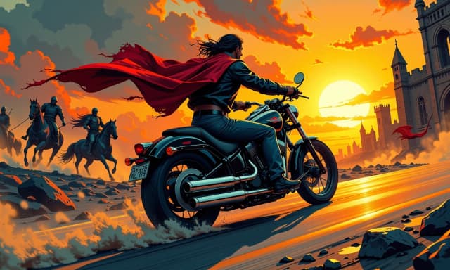 A masterpiece,  in the style of the 1980s, with bold lines, dynamic strokes and rich textures, on background with a touch of nostalgia, perhaps with subtle drawings inspired by cellulose and vintage, worn textures similar to paper,oil painting, Epic cinematic scene of a muscular long-haired rider on a black cruiser motorcycle speeding down an empty highway toward a blazing sunset, low-angle three-quarter rear view, extreme motion and speed with spinning wheels, flying dirt, pebbles and sparks, tattered flag trailing behind with a red horse emblem and shadowy armored riders charging in the dust on the left, ruined Gothic arches and crumbling castle silhouettes on the right, dramatic fiery orange and crimson sky with volumetric clouds and sunburst rim-lighting the rider, high contrast warm color grading with deep shadow teal accents, hyper-detailed textures on leather jacket, denim, chrome exhausts and engine, realistic skin pores, sweat and muscle definition, dynamic motion blur, cinematic lens flare, 35mm wide-angle feel, shallow depth of field, high resolution, photorealistic yet stylized poster-quality composition, intense atmosphere, gritty epic mood.
