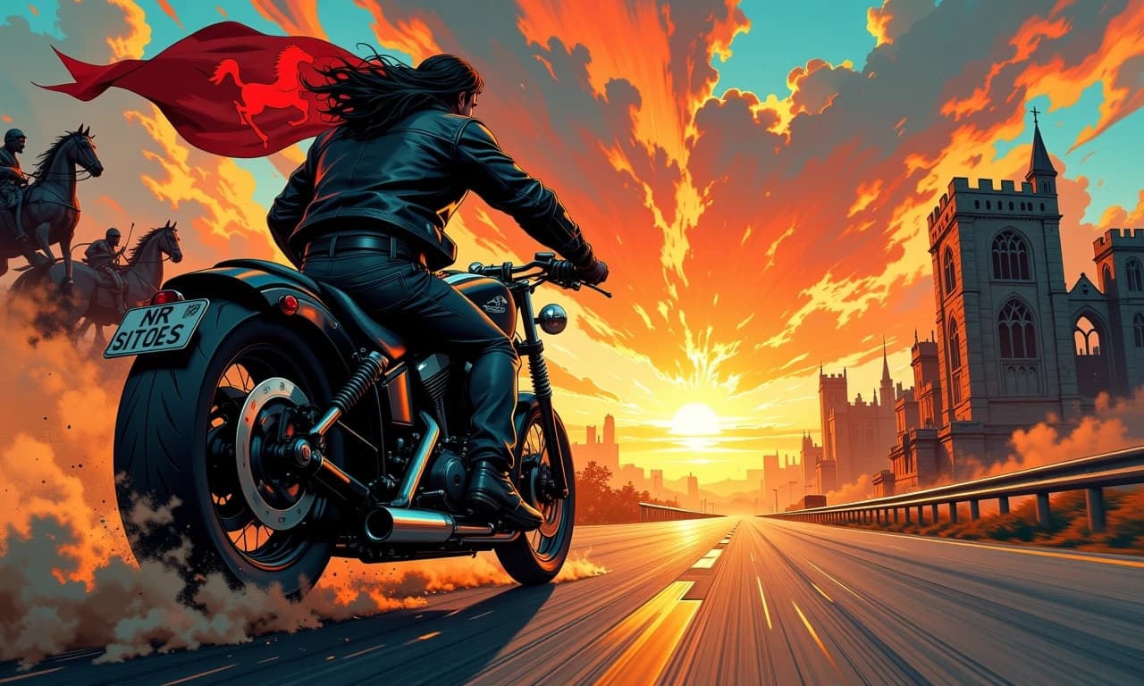 A masterpiece,  in the style of the 1980s, with bold lines, dynamic strokes and rich textures, on background with a touch of nostalgia, perhaps with subtle drawings inspired by cellulose and vintage, worn textures similar to paper,oil painting, Epic cinematic scene of a muscular long-haired rider on a black cruiser motorcycle speeding down an empty highway toward a blazing sunset, low-angle three-quarter rear view, extreme motion and speed with spinning wheels, flying dirt, pebbles and sparks, tattered flag trailing behind with a red horse emblem and shadowy armored riders charging in the dust on the left, ruined Gothic arches and crumbling castle silhouettes on the right, dramatic fiery orange and crimson sky with volumetric clouds and sunburst rim-lighting the rider, high contrast warm color grading with deep shadow teal accents, hyper-detailed textures on leather jacket, denim, chrome exhausts and engine, realistic skin pores, sweat and muscle definition, dynamic motion blur, cinematic lens flare, 35mm wide-angle feel, shallow depth of field, high resolution, photorealistic yet stylized poster-quality composition, intense atmosphere, gritty epic mood.