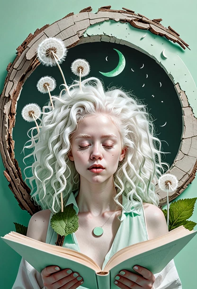 Description: Photorealistic detailed concept art in a minimalist style, various textures, stone and bark, aesthetic, attractive white albino woman looking down, mint lips, conceptual mint color and white, recording, really huge white hair curly hair white dandelion, perforated pages, French hairstyle, woman and giant mint crescent moon, mint background.