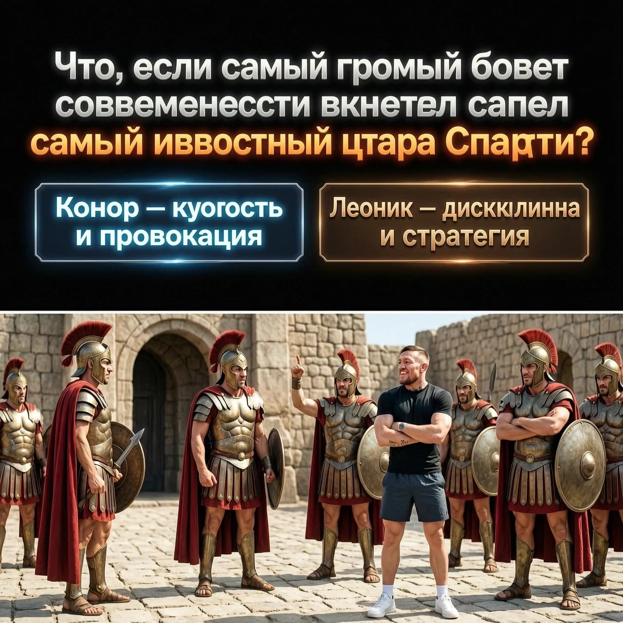 ## Подход к сценарию

Это **полностью вымышленный комедийно-приключенческий кроссовер**: реальный Конор Макгрегор встречается с историческим царём Леонидом в фантастической Спарте. Сценарий рассчитан на широкую аудиторию: в нём есть юмор, динамика, немного исторического контекста и зрелищные визуальные сцены.  

Продолжительность — около **8–9 минут**. Исторические факты отделены от художественного вымысла.

# «Конор Макгрегор бросает вызов царю Леониду»

### [00:00–00:50] Вступление: вызов, которого не должно было существовать

[Чёрный экран. Слышен гул стадиона, затем звон металла. На экране появляется надпись: «Что, если самый громкий боец современности встретил самого известного царя Спарты?»]

**ВЕДУЩИЙ:**

Представьте: современный октагон внезапно открывает портал во времени. Из него выходит Конор Макгрегор — чемпион, шоумен и человек, который способен превратить обычную пресс-конференцию в главное событие года.

А напротив него — царь Леонид, легендарный спартанский воин, символ дисциплины, мужества и сурового отношения к тем, кто слишком много говорит.

[На экране появляются две таблички: «Конор — скорость и провокация» и «Леонид — дисциплина и стратегия».]

**ВЕДУЩИЙ:**

Один привык побеждать словами ещё до начала боя. Другой считает, что настоящая речь должна быть короткой.

И сегодня Конор бросит вызов не просто воину. Он бросит вызов самой Спарте.

[Резкий монтаж: кулак Конора, копьё Леонида, песок арены.]

---

### [00:50–02:00] Неожиданная встреча

[Древняя Спарта. Улицы, каменные стены, воины тренируются с копьями. В центре площади вспыхивает круг света.]

**СПАРТАНСКИЙ ВОИН:**

Царь Леонид! Небо раскололось!

[Из портала выходит Конор в современной спортивной одежде. Он оглядывается, поправляет воротник и уверенно улыбается.]

**КОНор:**

Неплохо. Атмосфера есть. Но где камеры? Где публика? Где мой гонорар?

[Спартанцы молча смотрят на него.]

**КОНор:**

Ладно. Похоже, пресс-конференцию придётся проводить прямо здесь.

[На площади появляется Леонид в доспехах. Камера медленно приближается к его лицу.]

**ЛЕОНИД:**

Ты стоишь на земле Спарты. Назови себя.

**КОНор:**

Я — Конор Макгрегор. Боец. Чемпион. Человек, который пришёл бросить тебе вызов.

[Спартанцы переглядываются.]

**ЛЕОНИД:**

Ты пришёл один?

**КОНор:**

Я всегда прихожу один. Но обычно потом все остальные начинают говорить обо мне.

**ЛЕОНИД:**

И в чём твой вызов?

**КОНор:**

Я слышал, что Спарта славится своими воинами. Но пока я вижу только людей, которые ходят в плащах и очень не любят улыбаться.

[Несколько спартанцев хмурятся. Один едва заметно