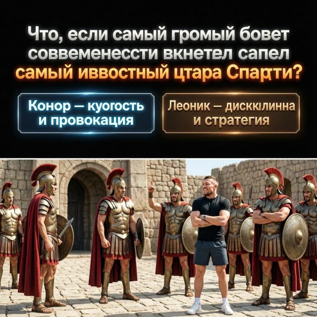 ## Подход к сценарию

Это **полностью вымышленный комедийно-приключенческий кроссовер**: реальный Конор Макгрегор встречается с историческим царём Леонидом в фантастической Спарте. Сценарий рассчитан на широкую аудиторию: в нём есть юмор, динамика, немного исторического контекста и зрелищные визуальные сцены.  

Продолжительность — около **8–9 минут**. Исторические факты отделены от художественного вымысла.

# «Конор Макгрегор бросает вызов царю Леониду»

### [00:00–00:50] Вступление: вызов, которого не должно было существовать

[Чёрный экран. Слышен гул стадиона, затем звон металла. На экране появляется надпись: «Что, если самый громкий боец современности встретил самого известного царя Спарты?»]

**ВЕДУЩИЙ:**

Представьте: современный октагон внезапно открывает портал во времени. Из него выходит Конор Макгрегор — чемпион, шоумен и человек, который способен превратить обычную пресс-конференцию в главное событие года.

А напротив него — царь Леонид, легендарный спартанский воин, символ дисциплины, мужества и сурового отношения к тем, кто слишком много говорит.

[На экране появляются две таблички: «Конор — скорость и провокация» и «Леонид — дисциплина и стратегия».]

**ВЕДУЩИЙ:**

Один привык побеждать словами ещё до начала боя. Другой считает, что настоящая речь должна быть короткой.

И сегодня Конор бросит вызов не просто воину. Он бросит вызов самой Спарте.

[Резкий монтаж: кулак Конора, копьё Леонида, песок арены.]

---

### [00:50–02:00] Неожиданная встреча

[Древняя Спарта. Улицы, каменные стены, воины тренируются с копьями. В центре площади вспыхивает круг света.]

**СПАРТАНСКИЙ ВОИН:**

Царь Леонид! Небо раскололось!

[Из портала выходит Конор в современной спортивной одежде. Он оглядывается, поправляет воротник и уверенно улыбается.]

**КОНор:**

Неплохо. Атмосфера есть. Но где камеры? Где публика? Где мой гонорар?

[Спартанцы молча смотрят на него.]

**КОНор:**

Ладно. Похоже, пресс-конференцию придётся проводить прямо здесь.

[На площади появляется Леонид в доспехах. Камера медленно приближается к его лицу.]

**ЛЕОНИД:**

Ты стоишь на земле Спарты. Назови себя.

**КОНор:**

Я — Конор Макгрегор. Боец. Чемпион. Человек, который пришёл бросить тебе вызов.

[Спартанцы переглядываются.]

**ЛЕОНИД:**

Ты пришёл один?

**КОНор:**

Я всегда прихожу один. Но обычно потом все остальные начинают говорить обо мне.

**ЛЕОНИД:**

И в чём твой вызов?

**КОНор:**

Я слышал, что Спарта славится своими воинами. Но пока я вижу только людей, которые ходят в плащах и очень не любят улыбаться.

[Несколько спартанцев хмурятся. Один едва заметно
