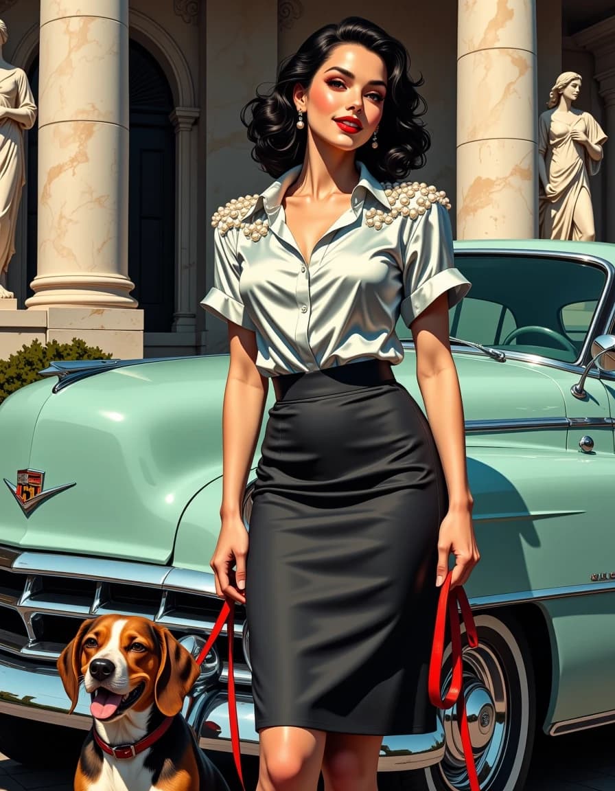 A masterpiece,  in the style of the 1980s, with bold lines, dynamic strokes and rich textures, on background with a touch of nostalgia, perhaps with subtle drawings inspired by cellulose and vintage, worn textures similar to paper,oil painting, Full-body photorealistic retro-glam portrait of a confident smiling woman in 1950s-inspired styling standing in front of a mint-green vintage car parked before a neoclassical colonnade with marble statues; she wears a lustrous silver satin blouse with pearl shoulder embellishments, a high-waisted charcoal pencil skirt, sheer black stockings and glossy black pointed heels, dark wavy shoulder-length hair styled in old-Hollywood waves, bold red lipstick and luminous skin, holding a bright red leash in her hand attached to a happy tricolor beagle with wagging tail and leather collar; cinematic golden-hour lighting with soft rim light, polished chrome reflections on the car, shallow depth of field (50–85mm, wide aperture) producing creamy bokeh, rich teal and slate color palette, high-detail textures on fabric, skin and fur, subtle film grain, elegant vintage atmosphere, crisp sharp subject with slightly softened classical background, balanced composition, natural yet stylized mood.