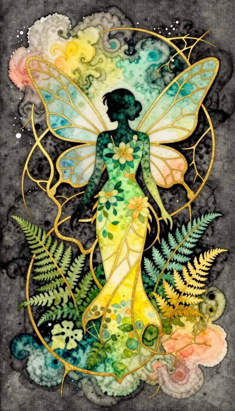 Soft watercolor on a dark gray background. In the style of Roman Tyrtov. An abstract minimalistic solution in the Art Deco style. Watercolor painting. Silhouette solution. A forest fairy with delicate graceful dragonfly wings and a floral dress. Among the vines and ferns. Bright, mystical. The gradual transitions (herbaceous green, emerald, lemon yellow, mint, turquoise, yellow, peach) are made using the technique of "wet" painting. All of them are decorated with intricate kintsugi veins, made in the form of three-dimensional lines of embossed gold paste. Swirling fractal clouds of pastel watercolor paints. Radiance around the edges and deep picturesque shadows. Small splashes of watercolor. Blurred colors around the edges. Psychedelic, abstract artistic energy. Highly detailed macrotexture of gold, reflecting the metallic texture of gold contours with intense luster. Thin, graceful cracks of golden kintsuga decorate the dark space of the negative, creating an airy decorative web. Linen background with a dense, well-defined texture of watercolor paper. Cinematic lighting, sophisticated, dreamy, high-contrast gold color against a background of tropical shades. The aesthetics of creativity, high detail and finishing of gallery quality.