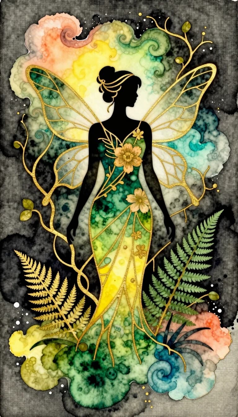 Soft watercolor on a dark gray background. In the style of Roman Tyrtov. An abstract minimalistic solution in the Art Deco style. Watercolor painting. Silhouette solution. A forest fairy with delicate graceful dragonfly wings and a floral dress. Among the vines and ferns. Bright, mystical. The gradual transitions (herbaceous green, emerald, lemon yellow, mint, turquoise, yellow, peach) are made using the technique of "wet" painting. All of them are decorated with intricate kintsugi veins, made in the form of three-dimensional lines of embossed gold paste. Swirling fractal clouds of pastel watercolor paints. Radiance around the edges and deep picturesque shadows. Small splashes of watercolor. Blurred colors around the edges. Psychedelic, abstract artistic energy. Highly detailed macrotexture of gold, reflecting the metallic texture of gold contours with intense luster. Thin, graceful cracks of golden kintsuga decorate the dark space of the negative, creating an airy decorative web. Linen background with a dense, well-defined texture of watercolor paper. Cinematic lighting, sophisticated, dreamy, high-contrast gold color against a background of tropical shades. The aesthetics of creativity, high detail and finishing of gallery quality.