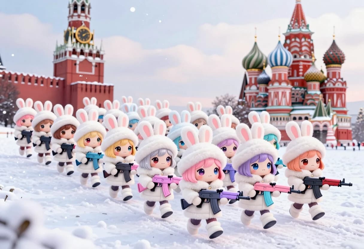 Cute kawaii chibi-style anthropomorphic bunny girls marching in dense multiple parallel rows on snowy Red Square in Moscow.

Many ranks of adorable chibi rabbit girls with big sparkling eyes, fluffy bunny ears and small tails, each wearing a fluffy white winter fur coat, white bunny-ear ushanka hat and white boots.

They have diverse hair colors: light brown, blonde, soft pink, light blue, lavender, silver, peach, mint, etc.

Each girl holds a stylized cute pastel-colored AK-style rifle (pink, lavender, light blue).

They are marching forward in neat military parade formation, several deep rows stretching into the distance.
Winter landscape: thick white snow covering the ground, soft falling snowflakes in the air, snow on the roofs and walls.

Background: Spasskaya Tower with clock on the left, colorful onion domes of Saint Basil’s Cathedral on the right, pale winter sky with light clouds.
Highly detailed chibi anime style, soft pastel colors, wholesome and adorable atmosphere, clean composition, high quality