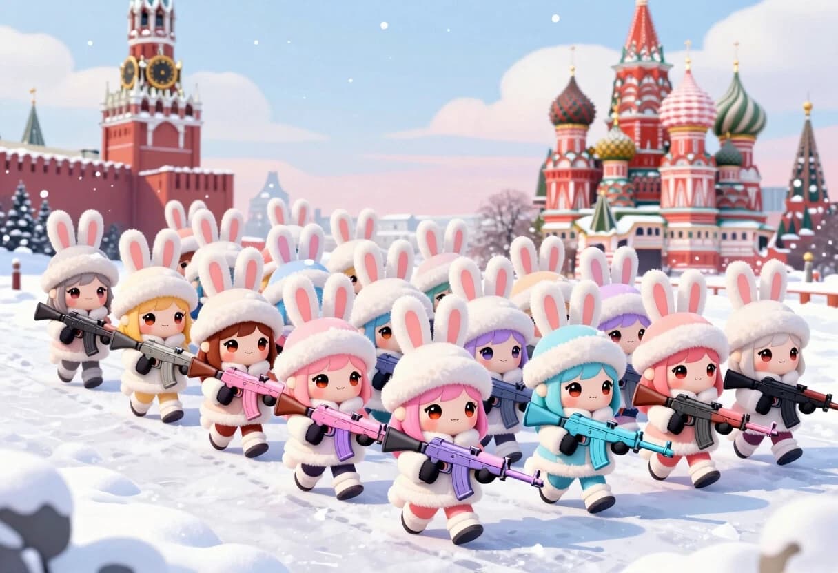 Cute kawaii chibi-style anthropomorphic bunny girls marching in dense multiple parallel rows on snowy Red Square in Moscow.

Many ranks of adorable chibi rabbit girls with big sparkling eyes, fluffy bunny ears and small tails, each wearing a fluffy white winter fur coat, white bunny-ear ushanka hat and white boots.

They have diverse hair colors: light brown, blonde, soft pink, light blue, lavender, silver, peach, mint, etc.

Each girl holds a stylized cute pastel-colored AK-style rifle (pink, lavender, light blue).

They are marching forward in neat military parade formation, several deep rows stretching into the distance.
Winter landscape: thick white snow covering the ground, soft falling snowflakes in the air, snow on the roofs and walls.

Background: Spasskaya Tower with clock on the left, colorful onion domes of Saint Basil’s Cathedral on the right, pale winter sky with light clouds.
Highly detailed chibi anime style, soft pastel colors, wholesome and adorable atmosphere, clean composition, high quality