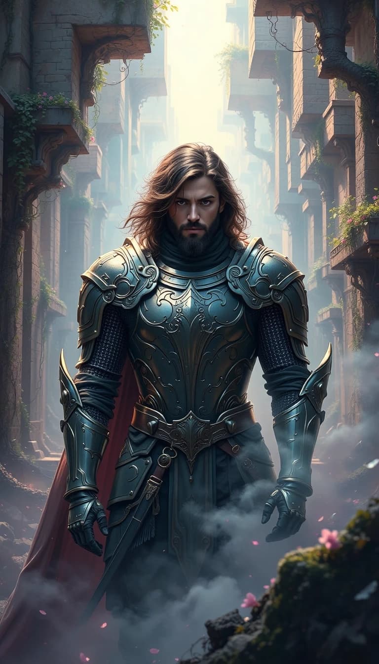 A fantasy digital illustration of a man knight in ornate armor, set in a dreamy ethereal labyrinth.