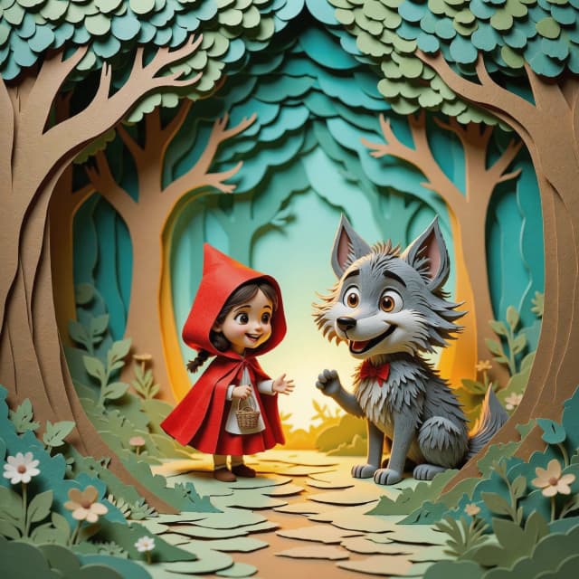 3D multi-layered papercut art of a friendly encounter between Little Red Riding Hood and a cute wolf, fairy tale style, crafted from various contrasting paper textures, heavy cardstock and fibrous handmade paper layers, thick watercolor paper edges, soft drop shadows between layers, volumetric 3D depth, vivid red cloak, bright teal and soft gray forest background, warm magical lighting, craft art style, 8k resolution