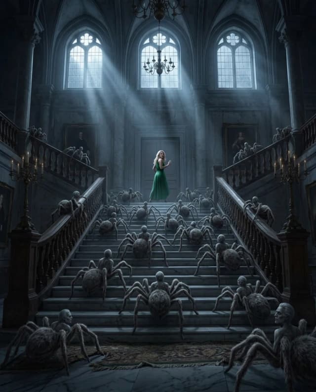 A cinematic scene in the genre of gothic fantasy and mystical thriller. A huge, luxurious palace hall with very high ceilings, giant arched windows, and massive columns. In the center of the hall is a wide grand staircase with richly decorated railings, marble steps, and decorative gold elements. Cold moonlight filters through the tall windows, creating long shadows on the floor.

On the upper landing of the staircase, an adult girl in a long emerald‑green dress is running away deeper into the palace. The edge of the dress flutters as she moves; one hand lifts the fabric to avoid tripping. The girl glances over her shoulder; her face shows intense fear and a desperate determination to find a way out.

 At the foot of the stairs, there are numerous fantastic arachnids. Each of them has the furry body of a spider, eight long legs, a human torso, and the head of an elderly man. They climb the stairs slowly and menacingly, surrounding the lower part of the staircase. Some of the creatures stand motionless, looking upward.