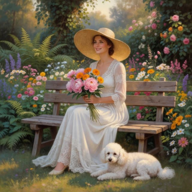 The image is a painting of a woman sitting on a wooden bench in a garden. She is wearing a white dress with a lace overlay and a large straw hat with a wide brim. The woman is holding a bouquet of pink and orange flowers in her left hand and is looking off to the side with a slight smile on her face. Next to her, there is a small white poodle dog lying on the ground. The background is filled with greenery and colorful flowers, creating a peaceful and serene atmosphere. The overall mood of the image is romantic and dreamy.
