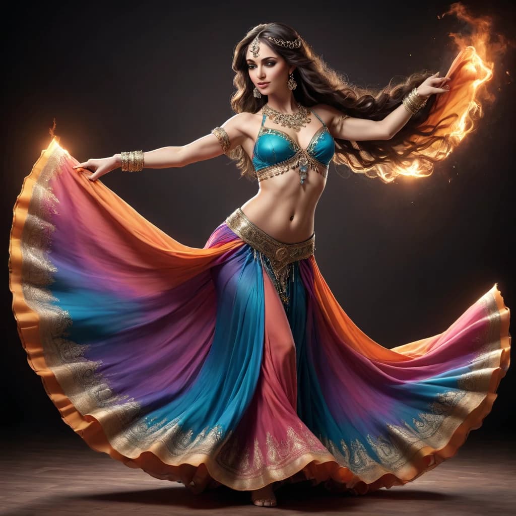 Professional belly dancer. Full-length. Flowing skirt. Back in a half-turn. Vector. Single color.
