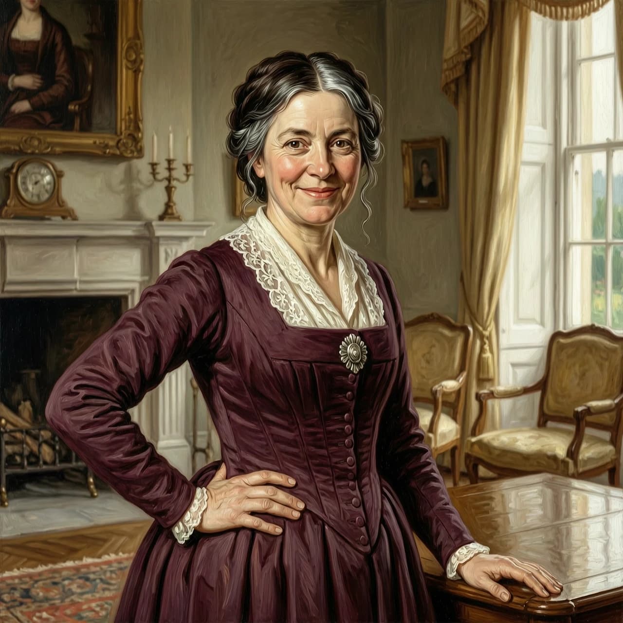 Half-body portrait of a woman, 42–45 years old, England, 19th century, Regency era. Lively, energetic, warm — not old, not a grandmother, a woman in her prime. Simple, natural features — not doll-like, not perfect, but real, with character. Dark brown hair with a few silver strands, styled simply — a few loose strands framing her face. Warm brown or green eyes with a mischievous spark, keen and attentive. Light, warm smile — not wide, but sincere, like someone who has known life and still loves it. Posture: stands upright, confident, one hand on her hip or lightly touching the table. Looks with dignity, but without arrogance — a mistress of the house who loves her home and her family. Wearing an elegant but not stiff dress — deep burgundy, emerald green, or dark blue, with a lace collar, long sleeves, a simple brooch on her chest. Style — 19th century oil painting: thick brushstrokes, volume, living shadows, fabric texture. Background — a drawing room in an English manor: soft light, blurred furniture, a fireplace or window. 8K, maximum detail, vertical composition, blurred background.