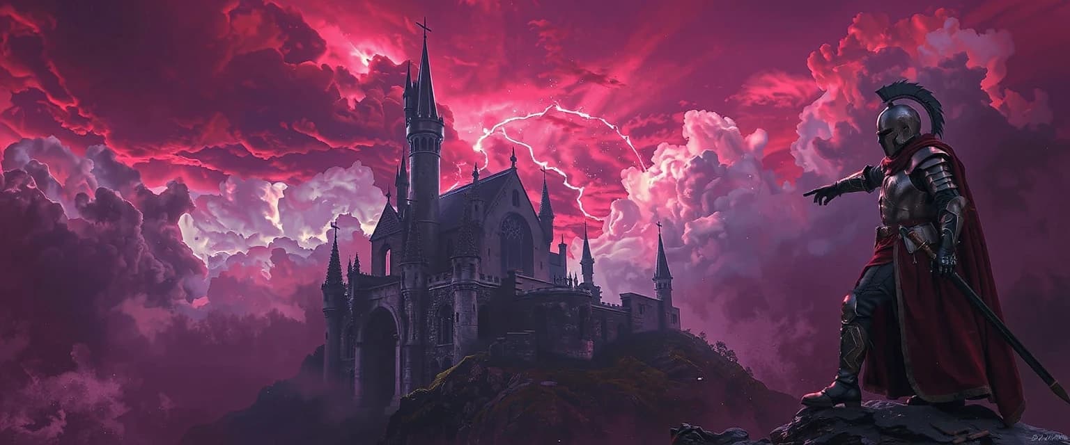 Dark fantasy gaming YouTube banner background, gothic ruined castle under a stormy blood-red and purple sky, mystical glowing fog, epic mood, detailed silhouette of a knight in armor on the side, negative space in the center for text, cinematic atmosphere, 8k wallpaper, volumetric lighting --ar 16:9