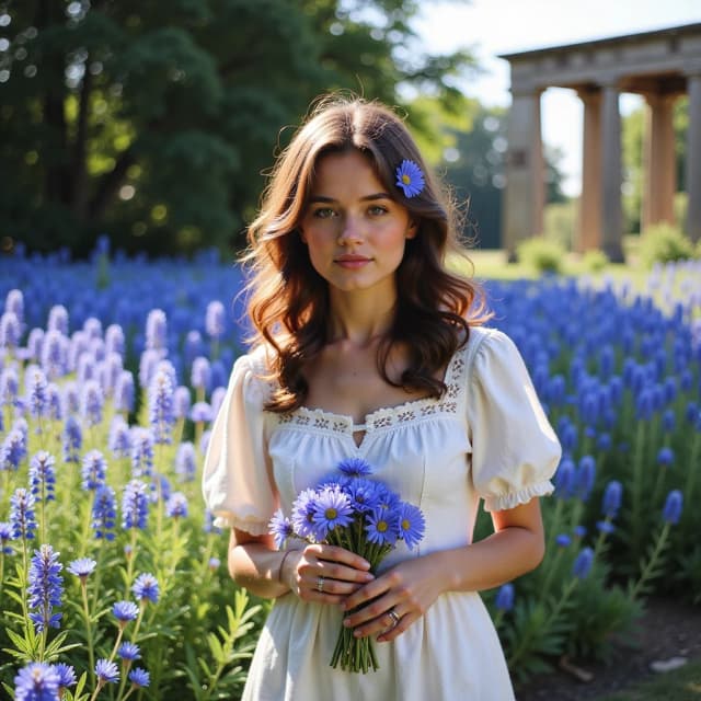 Vertical waist-up portrait of a young woman standing in a sunlit summer meadow filled with vivid blue cornflowers, simple white linen dress with short puffed sleeves and a delicate lace-trimmed bodice, chestnut hair loosely waved and half-tied with a small cornflower, stray curls framing a serene downcast face with rosy cheeks and soft natural features, gently cradling a small bouquet of cornflowers in her hands, golden-hour warm sunlight filtering through foliage creating soft rim light and dappled shadows across her shoulders and dress, blurred wildflower meadow and rustic stone colonnade in the background, painterly impressionist oil-painting style with finely textured brushstrokes, lush saturated blues and greens, warm skin tones, high detail on face and flowers, soft bokeh, romantic nostalgic mood, harmonious color palette, delicate interplay of light and shadow, slightly diffused atmosphere.