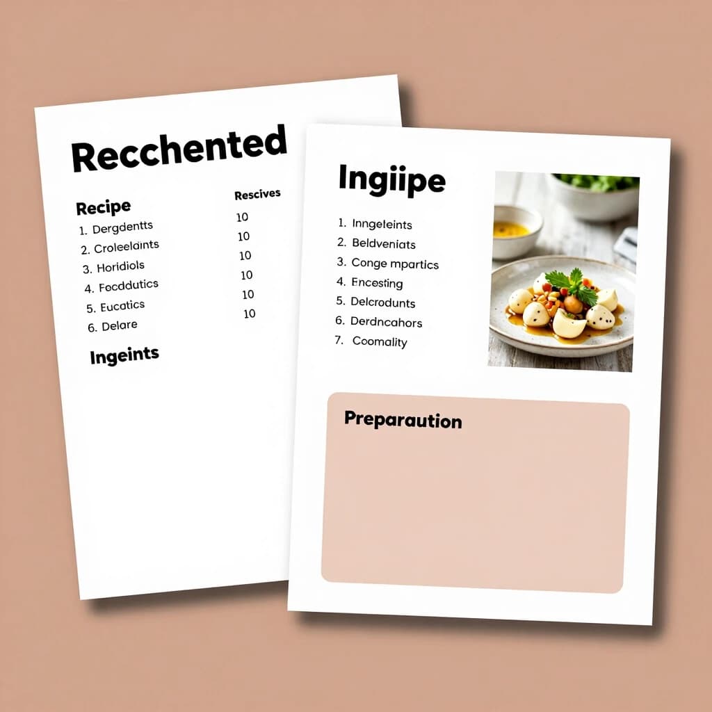 Create a recipe sheet design in an elegant, but modern, maybe rustic-boho style for a recipe book (two versions of the recipe sheet). A5 format. The recipe sheet should have 3 divisions: The title is the name of the recipe, a block with ingredients and a block with preparation, you also need a place for the photo, it can be either separate or a background. Use a limited color palette of 2-3 contrasting colors. The overall feel should be fresh, cozy and stylish.