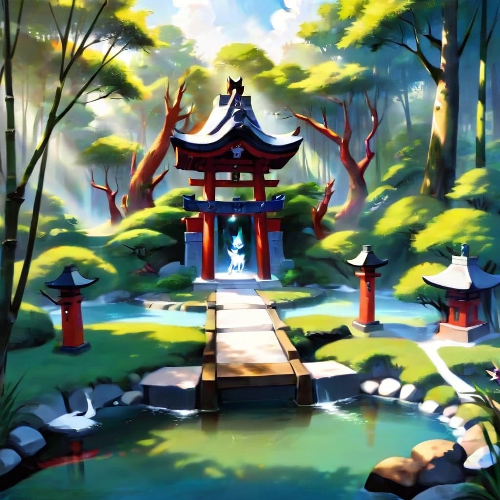 a Japanese shrine dedicated to kitsune, bamboo groves and small lakes along the sides, sunny weather.