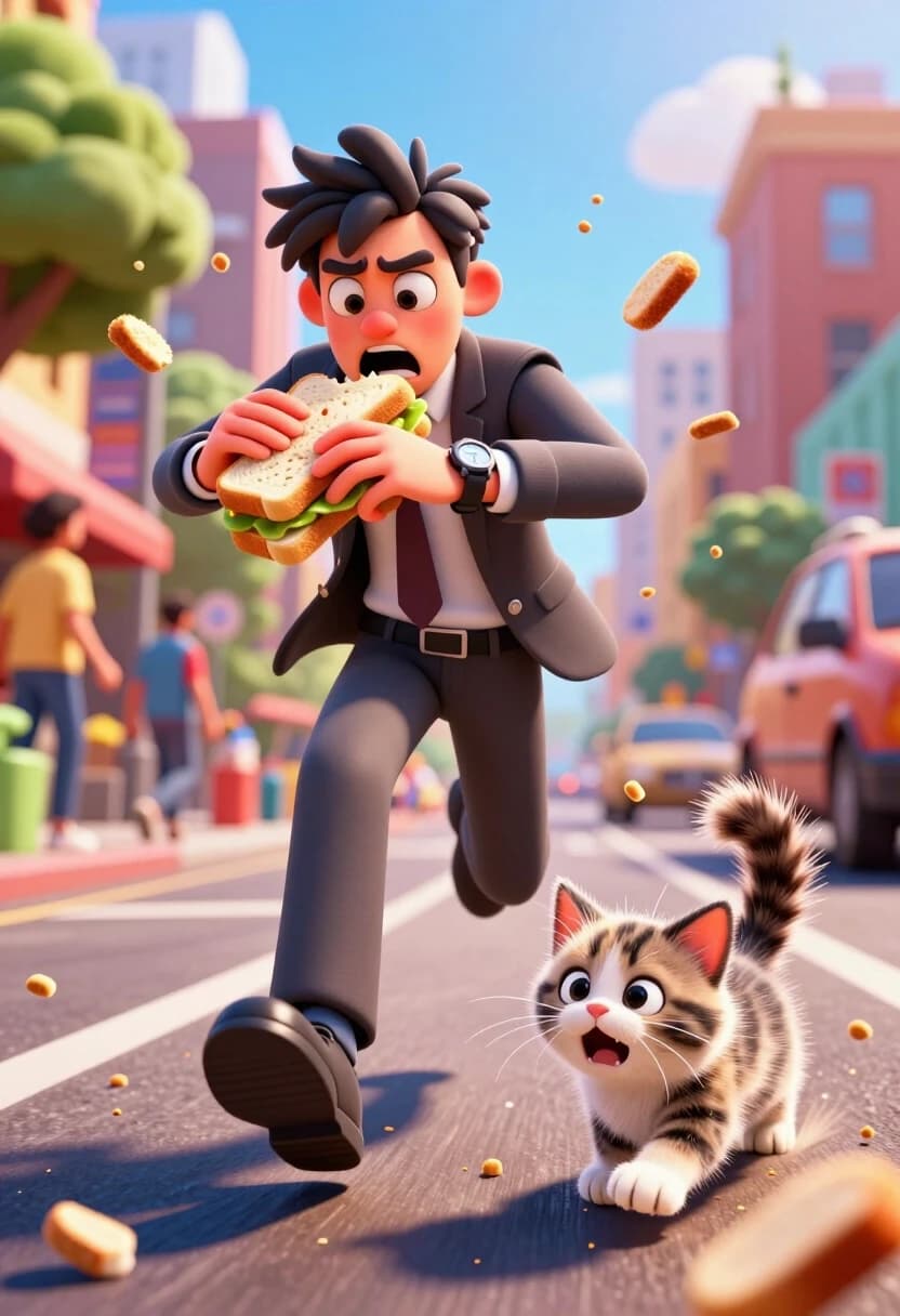 A dynamic, hyper-stylized 8k 3D render. A young professional is sprinting down a sunny city street, eyes wide with panic, looking at a wristwatch while aggressively eating a huge, messy sandwich on the run, with crumbs flying in the air. The camera is at a low, dynamic angle. At their feet, a tiny, fluffy kitten is captured in a moment of pure comic terror: it has arched its back into a high bridge, its fur is completely puffed up like a ball, and its tail is a thick, bristly pipe. The background is a vivid, colorful blur of city life and pedestrians. Lighting: bright, saturated morning sunlight with sharp, playful shadows. Shot with a wide-angle lens to enhance the sense of speed and chaos. Extreme detail on the flying bread crumbs, the texture of the clothing, and the individual electrified hairs of the frightened kitten. High energy, slapstick humor, volumetric depth.