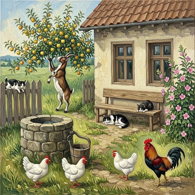 Рисунок маслом. Деревенский двор.Дом деревенский с двумя окнами. На заднем плане яблоня, коза стоит на задних лапах пытается достать верхнее яблоко. Старый деревенский колодец с ведром. Рядом с колодцем забор, на заборе спит кот.Перед окнами лавка без спинки, под ней спит собака. На углу дома цветет мальва. По двору Гуляют  три белые курицы и один петух.