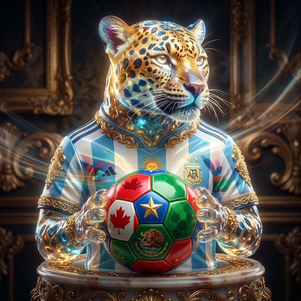 (The Mascot): jelly dessert in the shape of a jaguar, soccer ball, game, mascot. (Appearance): He is wearing a football uniform in the colors of the national flag of Argentina. He holds a tricolor soccer ball in his paws. The design of the ball uses red, blue and green colors. Symbols were also used: maple leaf, star, eagle. (Style): art design, Rococo-Baroque, double exposure, close-up. The inner light. High quality, 4k resolution, intricate details.