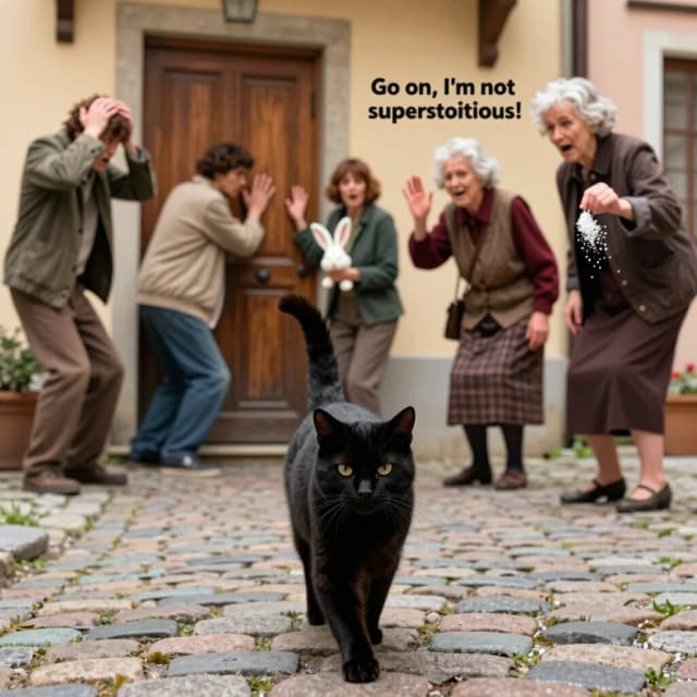 Cinematic humorous photorealistic shot of a quiet European courtyard. A calm black cat is walking slowly across the cobblestone path. On both sides of the path, people are frozen in exaggerated poses of superstitious terror: one person is clutching their head, another is pressing themselves against a wooden door and frantically knocking on it, a third is crossing their fingers and holding a rabbit's foot, a fourth is throwing salt over their shoulder. The cat looks directly at the viewer with a deeply unimpressed, sarcastic expression: "What? I'm just walking." In the background, an elderly grandmother waves at the cat cheerfully: "Go on, I'm not superstitious!". Playful, ironic, relatable, warm lighting, photorealistic, shallow depth of field, 4:5 aspect ratio.