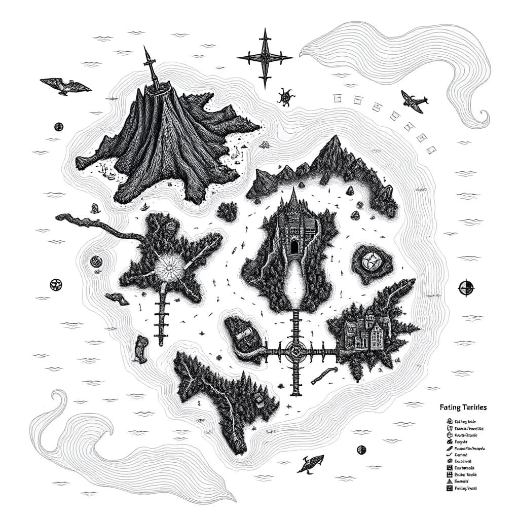 2D top-down authentic gritty dark fantasy nautical map, high-detail medieval woodcut style, inspired by Tainted Grail: Fall of Avalon. Pure white background with sharp, ultra-thin black outlines, strictly no frame, no borders, no fills, no gradients, clean line art. The sea area is rendered with realism, using fine vintage wave etching:1, and warning emblem markings:5. Sharp, realistic coastlines feature traditional dark fantasy cartography hatching. The map depicts an archipelago of 5 large distinct climate islands and 10 small random islets, rendered as detailed hand-drawn topography symbols. The volcanic wasteland island contains Volcanoes:1, Ruined Castles:2, Ancient Altars:3, Caves:4, Rivers:3. The corrupted swamp island contains Burnt Forests:5, Swamps:4, Wooden Bridges:3, Worn Huts:2, Sunken Ruins:3. The frozen tundra island contains Glacial Rivers:2, Ice Caves:3, Stone Obelisks:4, Frozen Fortresses:1. The overgrown ancient jungle island contains Dense Forests:6, Overgrown Temples:2, Rope Bridges:4, Ritual Altars:3, Hidden Caverns:5. The central shattered citadel island contains Megalithic Castle Ruins:1, Abandoned Cathedrals:2, Broken Stone Bridges:5, Crypts:4. The small scattered islets feature Lone Watchtowers:3, Shipwrecks:4, Treasure Caches:5. The surrounding ocean includes menacing Sea Monsters:4 thin outlines. Every object, terrain line, and topographic feature is rendered exclusively as a hollow, gritty medieval engraving line. Strictly zero solid black blocks, strictly zero text words, highly detailed masterwork.