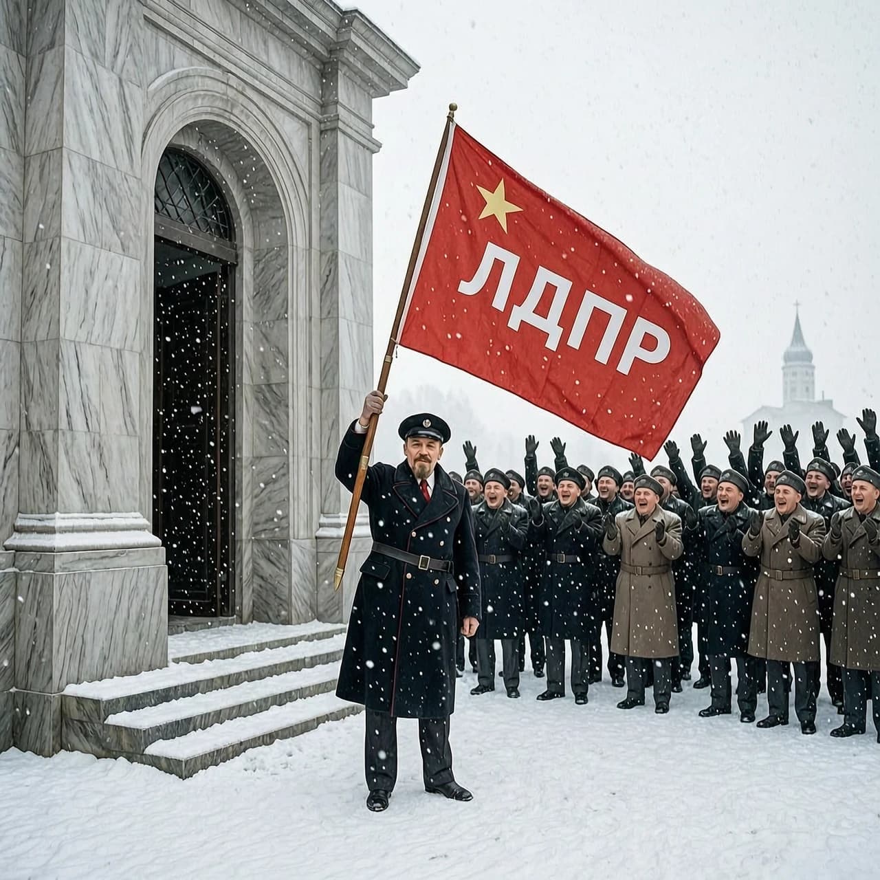 Владимир Ленин у входа в мавзолей разрывает флаг ЛДПР.  Толпа ликует! Снегопад.