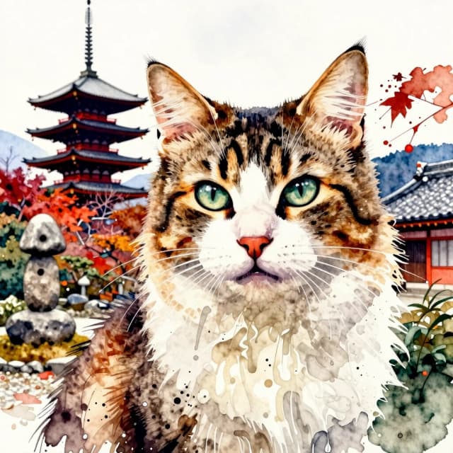 A masterpiece. The painting is done in watercolors. (Double exposure:1.8). (Portrait of a fabulously beautiful cat:1.8). In the background, there are views of Japan at that time: a pagoda, a garden of stones. The whole painting is united by an old autumn city landscape. High quality. High resolution. Increased attention to small details, clear contours. Intense close-up. Bold strokes, drips, spots. Watercolor style. Artist: Levitan, Sergey Andriaka.