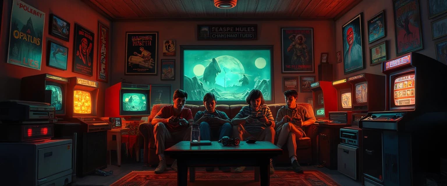 A cozy and vibrant wide illustration of a group of friends gaming together on a couch, surrounded by retro consoles, arcade machines, posters, and glowing monitors. Warm ambient room lighting with soft neon accents, dynamic reflections, feeling of nostalgia, brotherhood, and fun, semi-realistic stylized digital art, detailed background, 8k --ar 16:9
