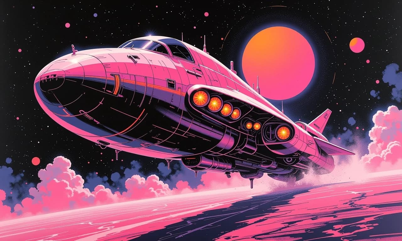 A masterpiece,  in the style of the 1980s, with bold lines, dynamic strokes and rich textures, on background with a touch of nostalgia, perhaps with subtle drawings inspired by cellulose and vintage, worn textures similar to paper,oil painting, a Bernie Foster-esque 1980s retro-futuristic airbrush illustration, presented as a vertical sci-fi spaceship commercial poster. The main subject is a giant retro-futuristic starship slowly emerging from a deep black cosmic nebula. The ship's hull is constructed entirely of bright pink polished chrome alloy, with each armor seam precisely outlined by neon orange glowing lines. The engine nozzles utilize traditional airbrush techniques to simulate subtle air pressure gradients, naturally diffusing from the core glitter powder outwards into a translucent orange-red mist, perfectly replicating the ultra-smooth gradient texture of Deco Realism. The bow and bridge feature a massive, deep black, curved observation window, through which warm orange cabin lights shine, clearly reflecting the pink-orange neon halo of distant galaxies. The background is a deep black, boundless starry sky, dotted with dozens of bright pink stars of varying sizes. In the distance, a bright pink grid horizon extends into the depths of the image, strictly adhering to the iconic three-color system of bright pink/neon orange/deep black, without any extraneous colors. The ship's hull features an extremely smooth, high-gloss finish, deep and clean shadows, and high-contrast lighting that creates a strong visual impact, making it one of Bernie Foster's signature science fiction spaceship-themed works