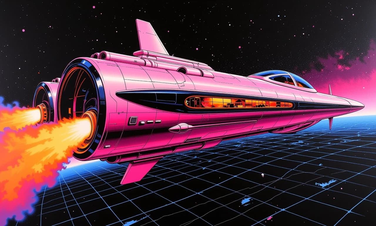 A masterpiece,  in the style of the 1980s, with bold lines, dynamic strokes and rich textures, on background with a touch of nostalgia, perhaps with subtle drawings inspired by cellulose and vintage, worn textures similar to paper,oil painting, a Bernie Foster-esque 1980s retro-futuristic airbrush illustration, presented as a vertical sci-fi spaceship commercial poster. The main subject is a giant retro-futuristic starship slowly emerging from a deep black cosmic nebula. The ship's hull is constructed entirely of bright pink polished chrome alloy, with each armor seam precisely outlined by neon orange glowing lines. The engine nozzles utilize traditional airbrush techniques to simulate subtle air pressure gradients, naturally diffusing from the core glitter powder outwards into a translucent orange-red mist, perfectly replicating the ultra-smooth gradient texture of Deco Realism. The bow and bridge feature a massive, deep black, curved observation window, through which warm orange cabin lights shine, clearly reflecting the pink-orange neon halo of distant galaxies. The background is a deep black, boundless starry sky, dotted with dozens of bright pink stars of varying sizes. In the distance, a bright pink grid horizon extends into the depths of the image, strictly adhering to the iconic three-color system of bright pink/neon orange/deep black, without any extraneous colors. The ship's hull features an extremely smooth, high-gloss finish, deep and clean shadows, and high-contrast lighting that creates a strong visual impact, making it one of Bernie Foster's signature science fiction spaceship-themed works