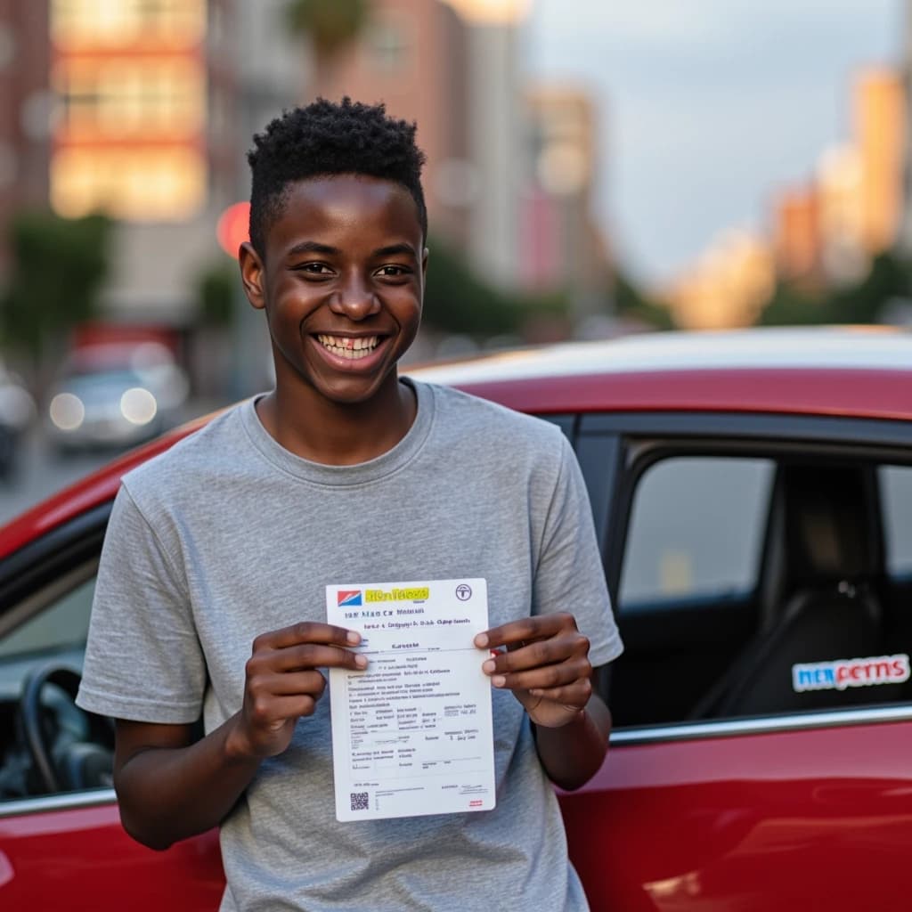 A smiling young person holding a driver's license in their hand, standing next to a red car with a small "Главная дорога" logo visible on the door. The background is a blurred city street with soft bokeh effect. Warm evening light, 85mm portrait lens, shallow depth of field, realistic skin texture, joyful and proud expression. Copy space on the right side for text overlay. Professional portrait photography, high-resolution, natural colors.