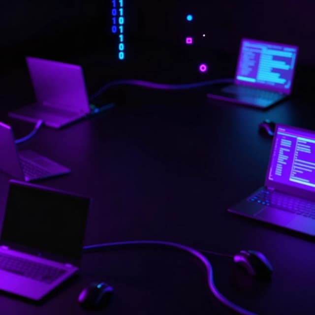 Cyberpunk cyberspace background, dark atmosphere, scattered laptops and keyboards, glowing neon purple and blue wires, floating digital particles, binary code and symbols, motion blur, hacker room aesthetic, Matrix-inspired, high detail, empty space for text in the center, futuristic, 4k.