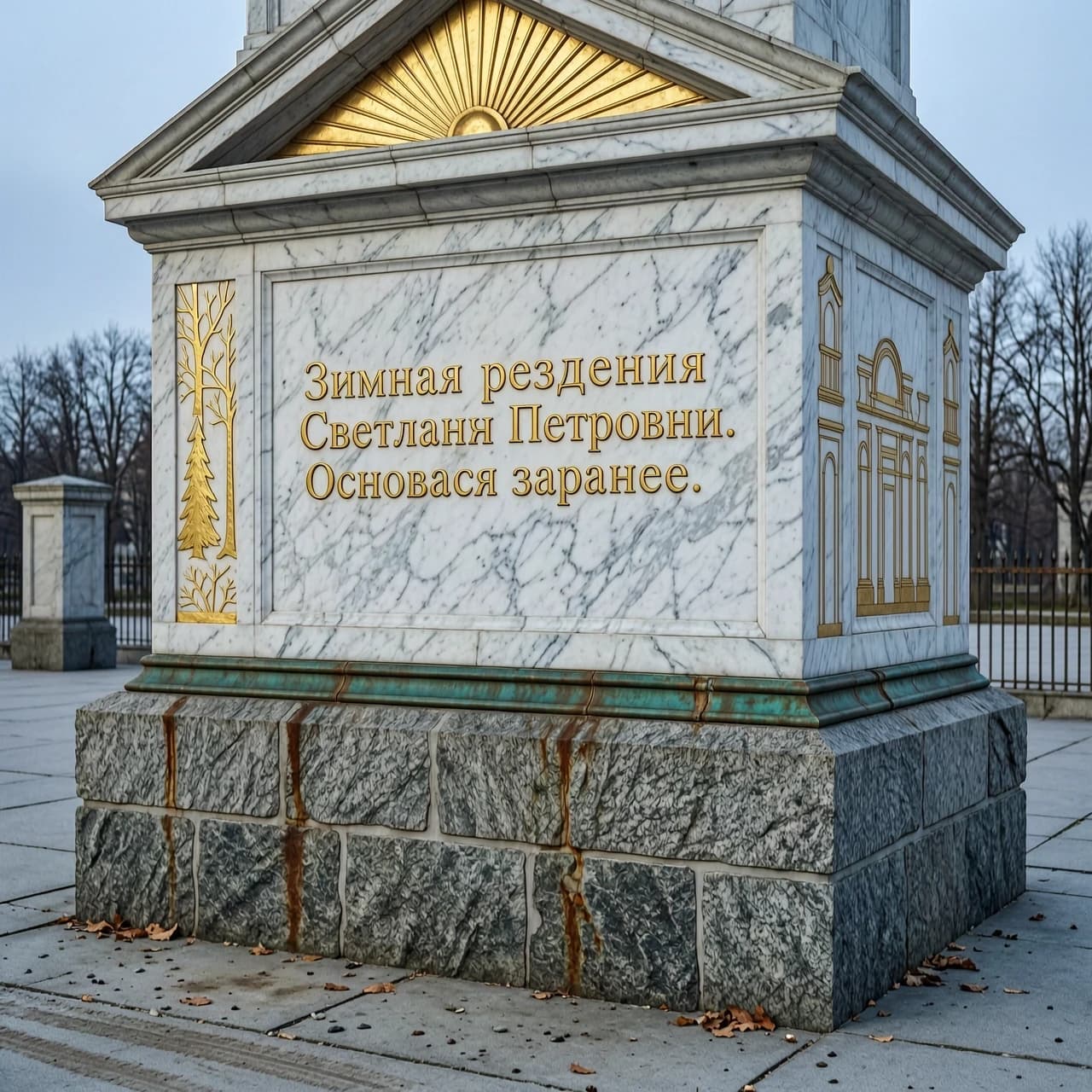 монумент из гранита и мрамора с золотой надписью: "Зимняя резиденция Светланы Петровны. Основана заранее."