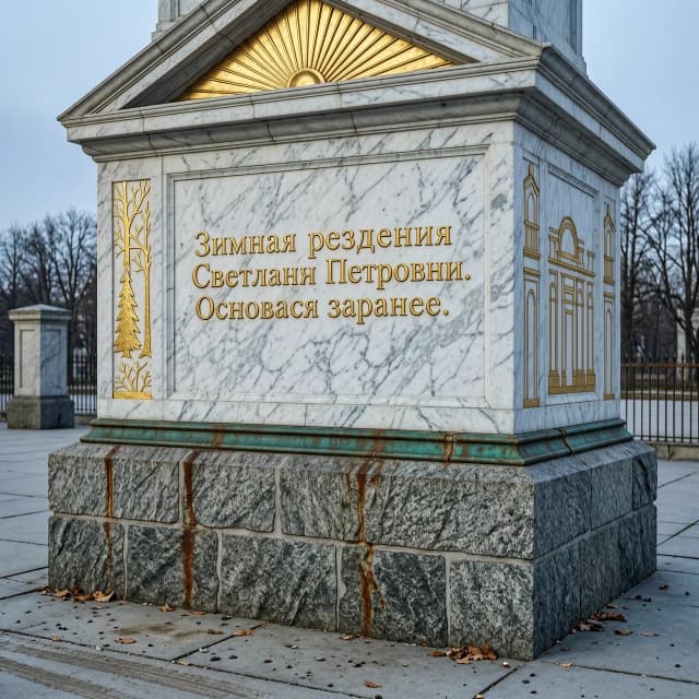 монумент из гранита и мрамора с золотой надписью: "Зимняя резиденция Светланы Петровны. Основана заранее."