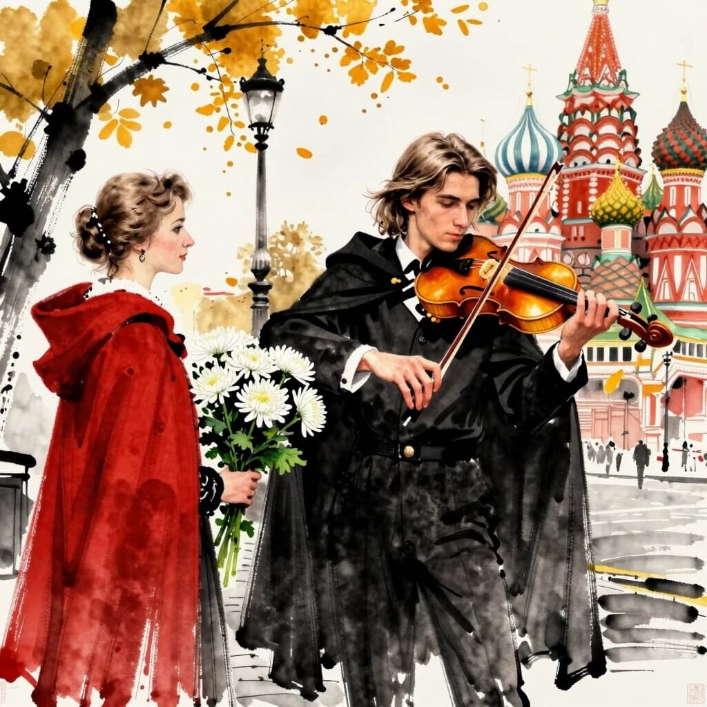 Картина тушью. Август в Москве. На Арбате играет молодой красивый мужчина скрипач с длинными волосами в чёрном плаще. На него смотрит и слушает песню утончённая красивая женщина 30 лет в красном плаще с букетом белых  хризантем в руках. С деревьев летит золотая листва.